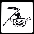Detailed view of 15cm Halloween stencil featuring pumpkin head with wizard hat and scythe - Grim Reaper Pumpkin Monster Style (No. 7 02024)