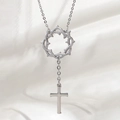 Collana con ciondolo a corona di spine d'argento con zircone e piccola croce pendente - Stile Croce Corona di Spine (NAN05-6)
