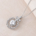 Silver heart zircon pendant necklace with thorny circle and small cross detail - Thorn Circle Heart Cross Style (NAN07-1) / Necklace with Pendant / Silver