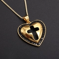 Gold heart pendant necklace with black stones and cross cutout on box chain - Gold Cross Black Stone (Gold Plated)