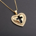 Gold plated hollow heart cross necklace with sparkling cubic zirconia on a black base - Gold Cross White Stone (Gold Plated)