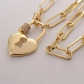 Exquisite 18K gold plated heart padlock necklace with sparkling zircon on a paperclip chain - Gold Polished Style(NB04-1)