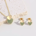 18k gold plated jewelry set featuring double heart emerald green zircon pendant and earrings - Heart Green Rhinestone