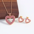 18k gold plated jewelry set with pink heart necklace and matching stud earrings - Hollow Pink Rhinestone Heart (NU03-8)