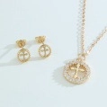 18k gold plated jewelry set with zircon paved cross pendant necklace and stud earrings - Cross Circle Style (NE02-2)