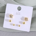 Set di 6 orecchini placcati oro con stelle scintillanti e perle d'oro lucide - Placcato in Oro Vero (Set di Carte) / Stella a Cinque Punte + Perla Rotonda EP05-5