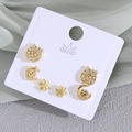 Three-pair gold earring set with cat, moon, and flower designs featuring small zircons - Owl (EO08-1)