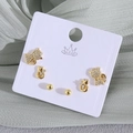Set di 6 orecchini placcati in oro con gatti di strass brillanti e borchie a sfera lisce - Placcato in Oro Vero (Set di Carte) / Gattino + Perla Rotonda EP05-8