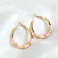Elegant 18k gold plated C-shape hoop earrings with pink enamel sections on silk - Pink
