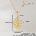 Gold leaf pendant necklace with zircon inlay and transparent square stone - Necklace (Chain and Pendant) / Gold