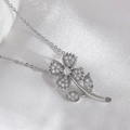 Exquisite silver-tone floral necklace with sparkling zircon petal and leaf pendant - Necklace (With Chain) / White Gold