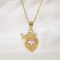Gold-plated sacred heart necklace with pink zircon and rose thorn pendant detail - Sacred Heart Flame Sword Style (NAD08-1) / Gold Plated Pink