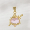 Roze hart zirkoon hanger met gouden zwaard en roosdetails op grijze stof - Zwaard Door Roze Rozenhart (NAC11-9) / 1.8x1.5cm (Zonder Ketting) / Roze