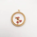 Ciondolo rotondo placcato oro 18k con motivo ragazza, cuore e zirconi rosa intarsiati - Ragazza Zircone Colorato (NB06-9)