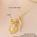Golden 18k plated triple pendant necklace featuring sacred heart and engraved FE tag - Small Link Chain (NAI12-3) / Necklace + Pendant Set