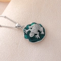 Silver frog pendant necklace with green enamel lotus leaf and sparkling zircon inlay - Pendant Only / Silver Lily Pad Frog