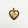 Gold plated heart pendant featuring a hollow cross and pink gemstones on white background - Pink Zircon Cross Heart (NF07-8)