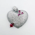Silver-plated heart pendant with white cubic zirconia and red accent gemstones - White Zirconia Red Gem Heart (NE10-8)