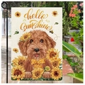 Detailed close-up of a rustic garden flag featuring a dog, sunflowers and hello sunshine text - Summer Sunshine Dog (HYQ96-4)