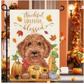 Detail of dog garden flag with pumpkins and sunflowers featuring thankful grateful blessed text - Thanksgiving Dog (HYQ96-6)