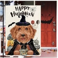 Close-up of Halloween garden flag with poodle in wizard hat and pumpkin decor - Hyq96-7
