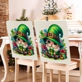 Close-up of Saint Patrick's Day chair covers showing linen texture and gnome patterns - Gnome with Flowers and Gifts Style