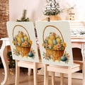 Close-up of Easter chair back cover with printed flower basket and colorful eggs decor - Soft Tone Flower Basket (TYTDR114-13)