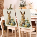 Close-up of Easter chair cover featuring printed bunny and colorful eggs on faux linen fabric - Rabbit with Daisy Basket (TYTDR114-19)