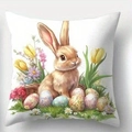 Easter square pillowcase with bunny, colorful eggs and tulips on a white background - Easter Bunny Style (CDR421-2)