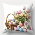 Detail of Easter pillow cover featuring a floral basket with colorful eggs and tulips - Flower Basket Egg Style (CDR421-1)