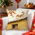 Dettaglio della federa per cuscino rossa festiva con gatto carino e decori di cachi - Stile Gatto Arancione Cachi (CDR423-2) / 45x45cm Solo Fodera