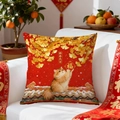 Macro detail of red festive Lunar New Year pillowcase with golden ginkgo and cat design - Lucky New Year Cat Style (CDR423-5) / 45x45cm Cover Only