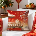 Detail of red festive cushion cover with cat and persimmon tree on a white sofa - Everything Goes Well Cat Style (CDR423-6) / 45x45cm Cover Only