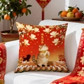 Red festive Lunar New Year throw pillow case with lucky cat illustration on white sofa - Spring Prayer Cat Style (CDR423-7) / 45x45cm Cover Only
