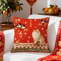 Festive red Chinese New Year cushion cover featuring a cat and magpie on a white sofa - Happy Winter Cat Style (CDR423-8) / 45x45cm Cover Only