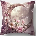 Federa per cuscino luna floreale con design cielo stellato per divano in rosa e viola - Stile Cielo Stellato Onirico (CDR427-3)