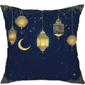 Funda de cojín Ramadán azul marino con diseños dorados de luna, estrellas y faroles - Linternas Múltiples con Luna Estrella (CDR426-2) / 45*45cm Peluche Corto Una Cara Sin Núcleo