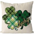 Saint Patrick's Day clover pillow cover with green plaid patterns and Lucky gold text - 45*45cm Short Plush Single Sided Without Core / CDR434-3