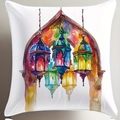 Funda de cojín étnica con linternas de colores y diseño de arco islámico en acuarela - 45*45cm Peluche Corto Una Cara Sin Núcleo / Patrón de Tres Linternas (CDR441-2)