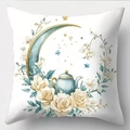 Blumen Kissenbezug mit Mond und blauer Teekanne für elegante Boho Heimdekoration - 45*45cm Kurzplüsch Einseitig Ohne Kissenkern / Mond Teekanne Weißer Blumen Stil (CDR440-4)