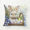 Oster-Kissenbezug mit Aquarell-Hasen, Küken, Eiern und blauen Schwertlilien-Blumen - 45*45cm Kurzplüsch Einseitig Ohne Kissenkern / Hase und Küken Stil (CDR442-4)