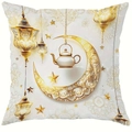 Ramadan Kissenbezug mit goldenem Mond und Laterne, weiße quadratische Kissenhülle - Teekanne Halbmond Stil 4 (CDR444-4)