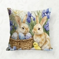 Oster-Kissenbezug mit Hasen und bunten Eiern im Aquarellstil für Heimdekoration - 45*45cm Kurzplüsch Einseitig Ohne Kissenkern / Hase mit Iris Blume Stil (CDR442-3)