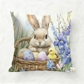 Oster-Kissenbezug mit Hasen im Korb, bunten Eiern und Frühlingsblumen für Sofadekoration - 45*45cm Kurzplüsch Einseitig Ohne Kissenkern / Hase im Korb Stil (CDR442-1)
