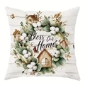 Kissenbezug mit Blumenmuster und Spruch Bless Our Home auf weißem Holzhintergrund-Dekor - 45*45cm Kurzplüsch Einseitig Ohne Kissenkern / Cdr447-1