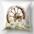 Daisies Kissenbezug im Landhausstil mit Vintage Holzrad und Aquarell Blumen Dekor - 45x45cm Ohne Kern / Gänseblümchen Am Holzrad (CDR443-3)