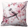 Pink floral pillow cover with cherry blossoms and bird print for sofa decoration - Cover Only / Ink Bird Cherry Blossom (CDR454-4)