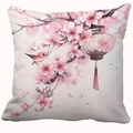 Pink floral pillow cover with cherry blossom, bird, and lantern art on a white background - Cover Only / Bird Cherry Blossom Lantern (CDR454-2)