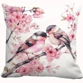 Pink floral bird print pillow cover made of white textured fabric for sofa home decor - Cover Only / Grey Pink Birds Cherry Blossom (CDR454-1)
