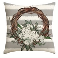 Oster-Kissenhülle mit grau gestreiftem Hasenkranz-Design auf Baumwollleinen - Blumenkranz Stil (DYM463-3)